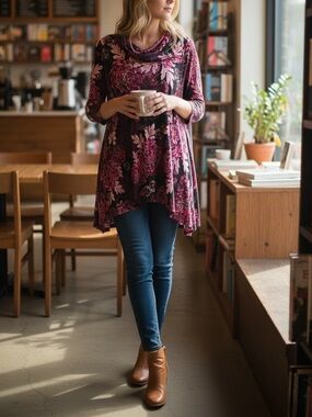 Ruby Rd. Pink & Black Floral Cowl Neck Tunic Women’s XL